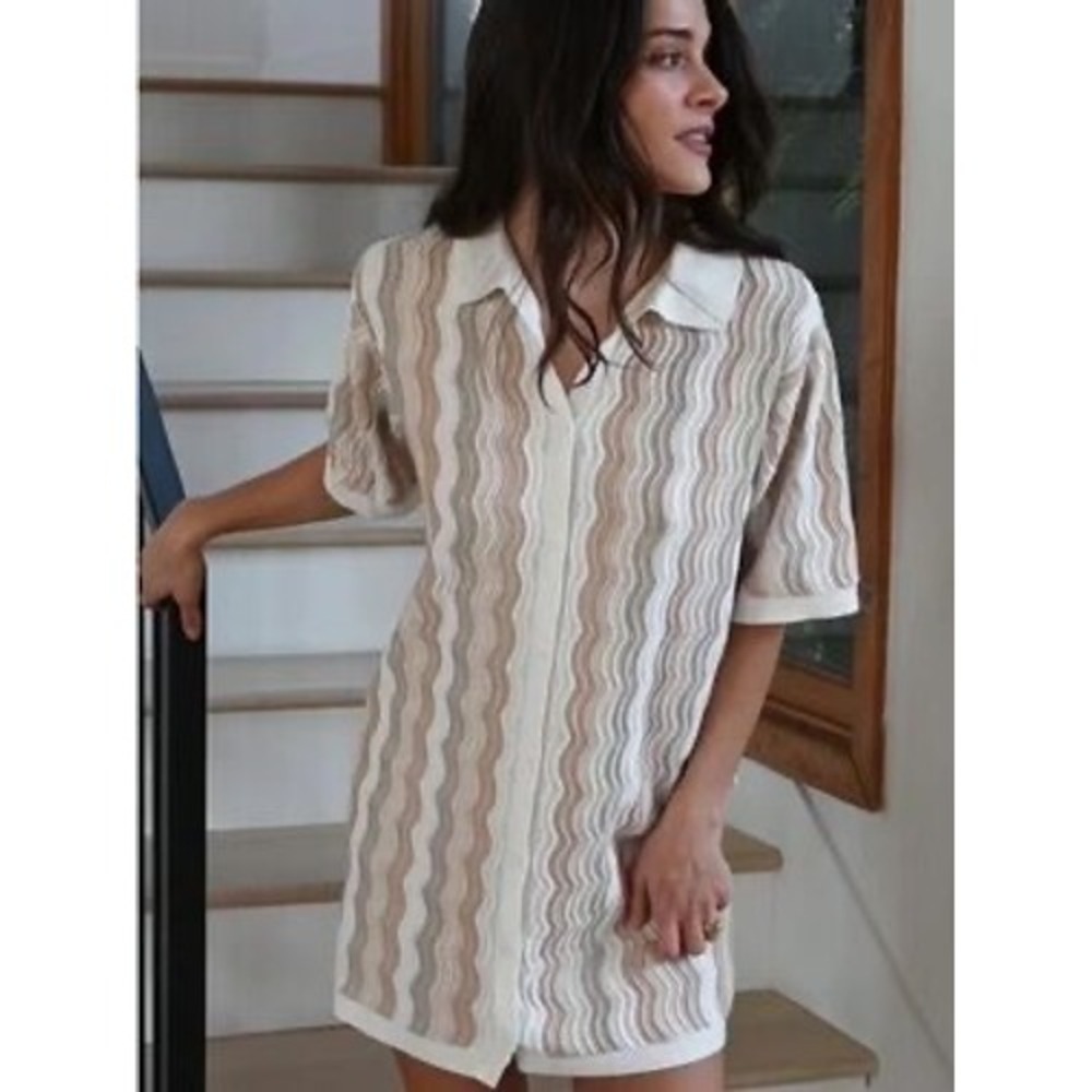 Yellow the Label Felix Knit Dress Scalloped Wave Button Down Tan White S/M